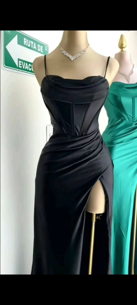 Wholesale Elegant Sheath Spaghetti Straps Black Slit Long Prom Dresses Evening Dress gowns evening dresses